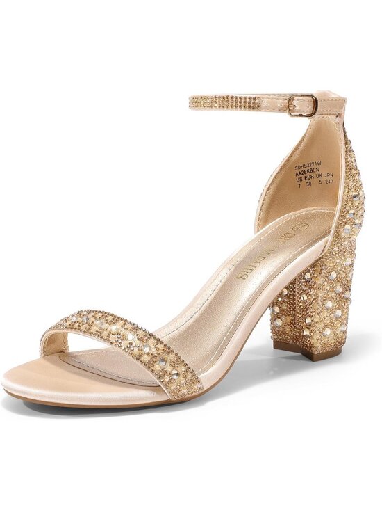 Shoes - Womens Gold Rhinestone Comfortable Open Toe Ankle Strap Chunky Block Heel Sandal